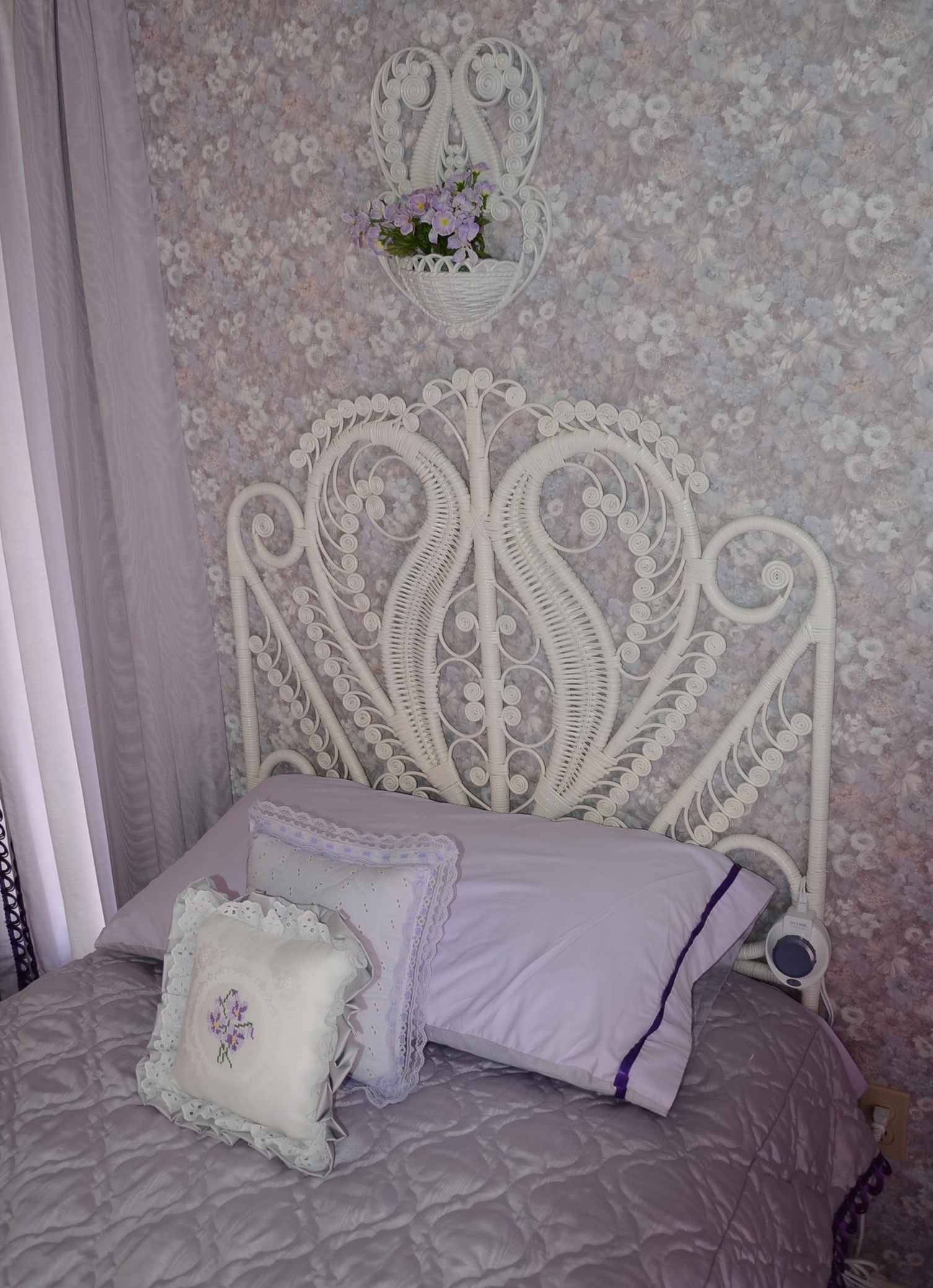 Pair of Twin White Wicker Beds with Violet Linens