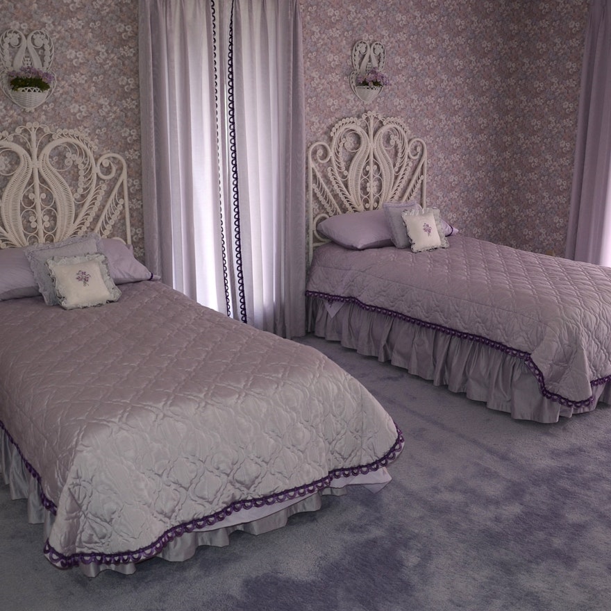 Pair of Twin White Wicker Beds with Violet Linens