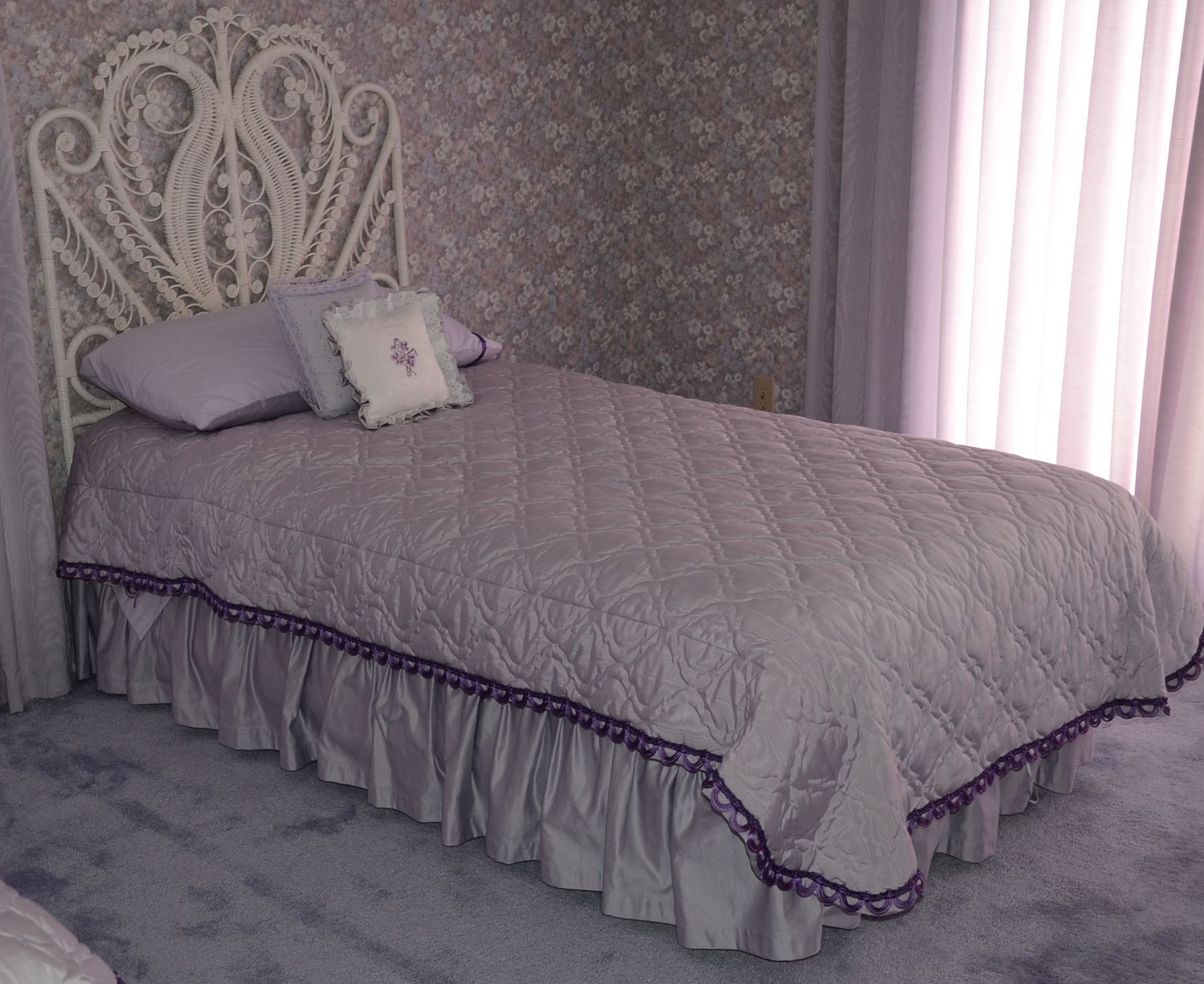Pair of Twin White Wicker Beds with Violet Linens