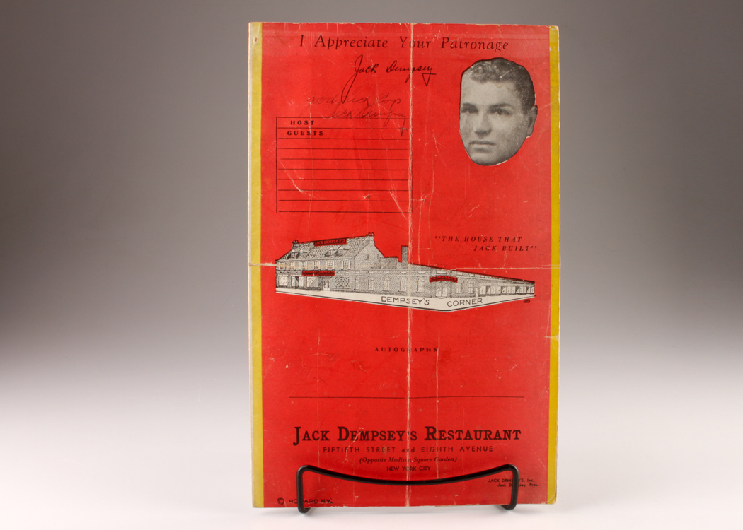 Rare 1930s Jack Dempsey Autographed Restaurant Boxing Menu