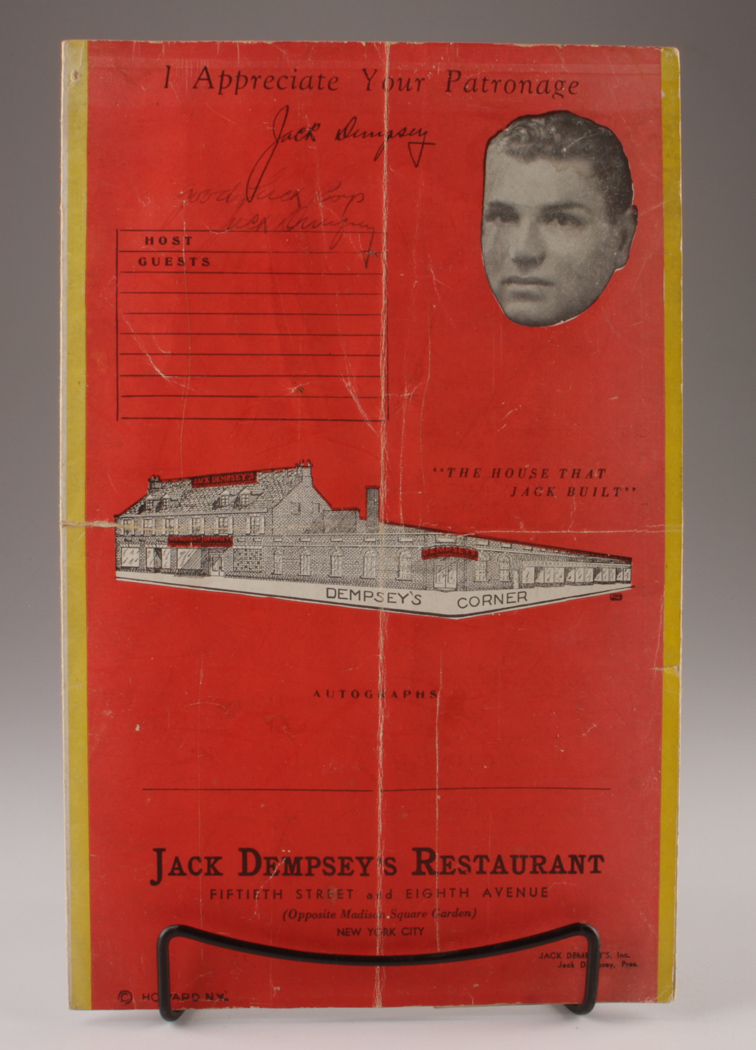 Rare 1930s Jack Dempsey Autographed Restaurant Boxing Menu