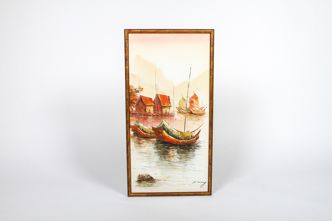 Oil on Canvas of Chinese Junks by P.C. Wong