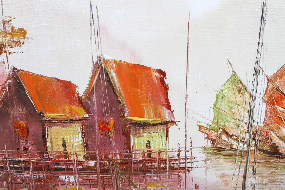 Oil on Canvas of Chinese Junks by P.C. Wong