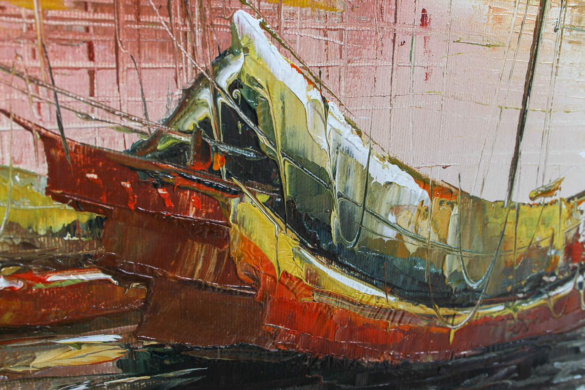 Oil on Canvas of Chinese Junks by P.C. Wong