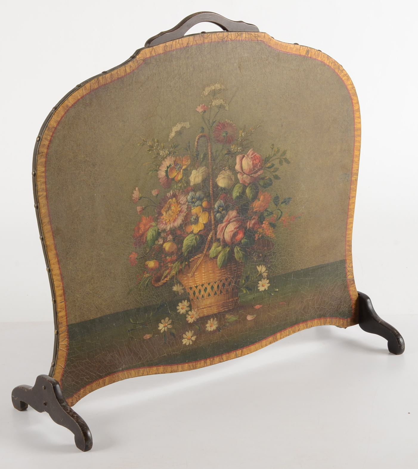 Antique Hand-Painted Wooden Fireplace Screen