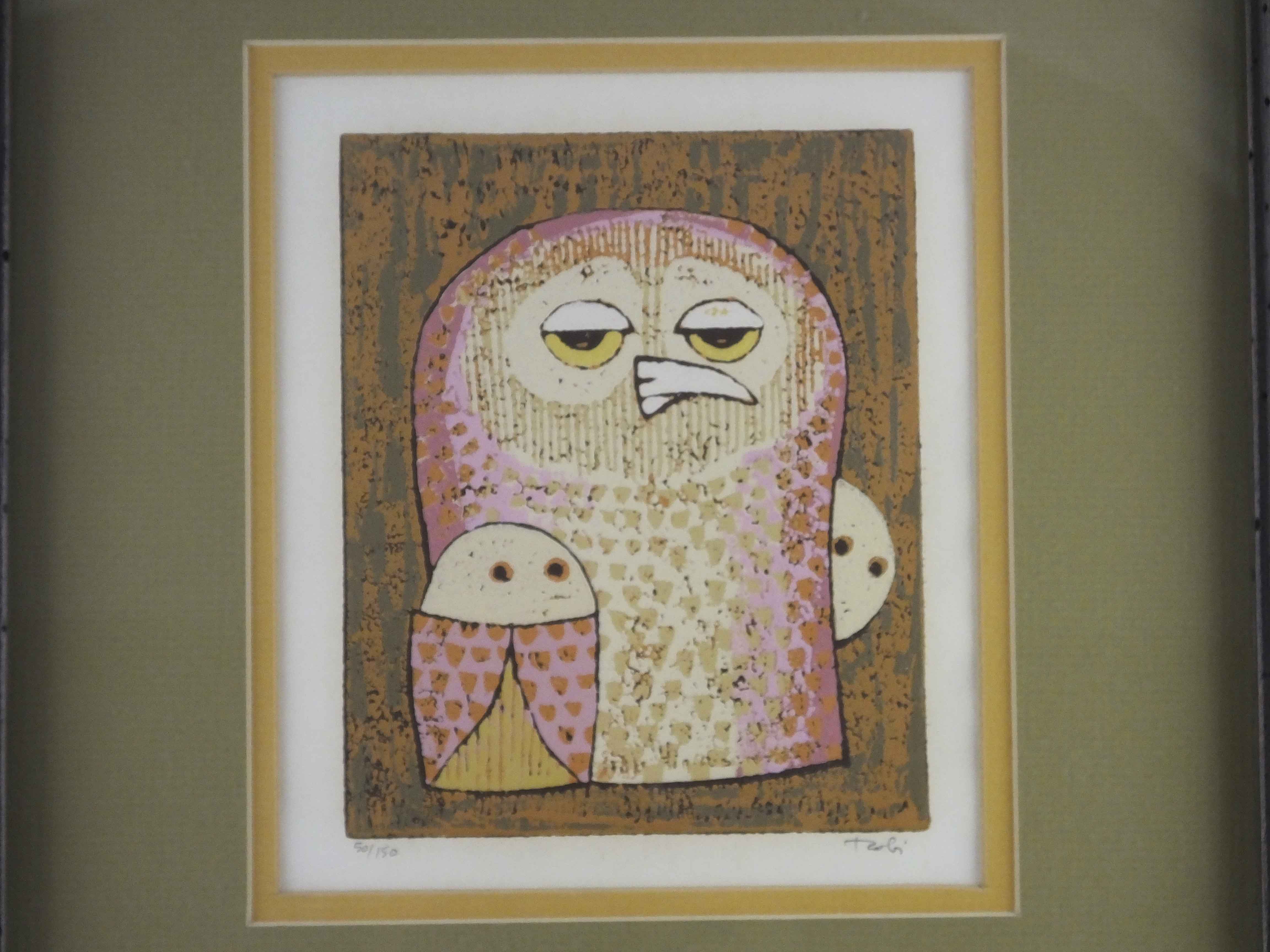 Vintage Al Robi Linocut of an Owl