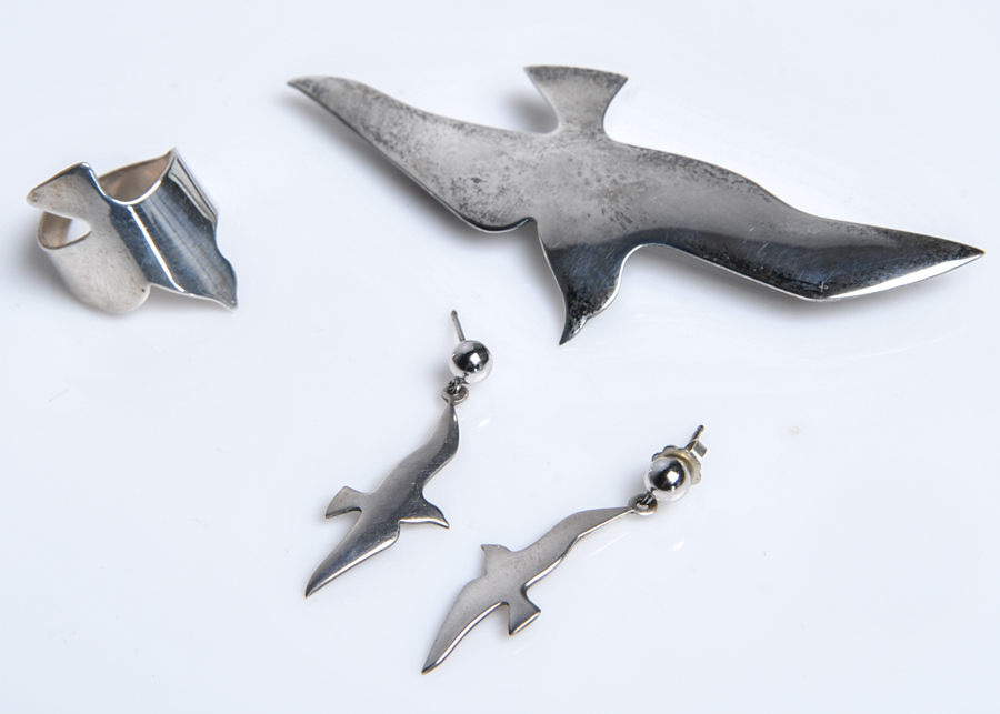 Modern Seagull Brooch, Ring and Earring Set in Sterling Silver