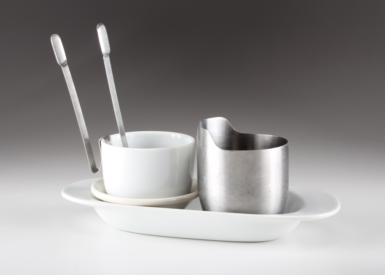 Modern Sugar bowl, Creamer, Tray and Tongs