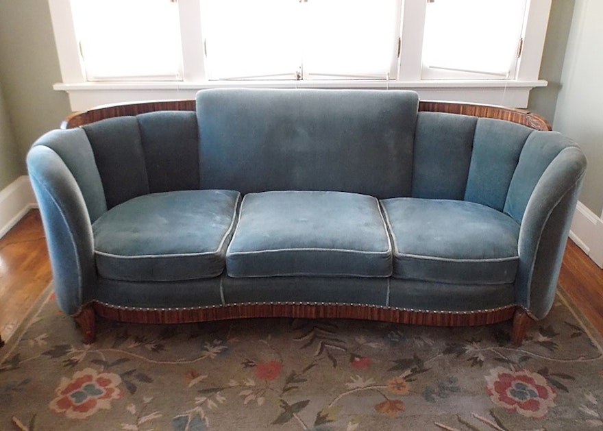 Art Deco Homer Brothers Teal Blue Mohair Sofa