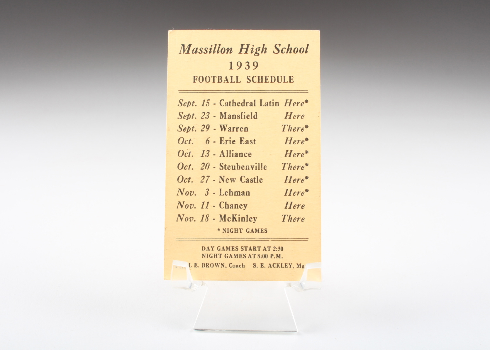 1939 Massillon High School Football Schedule Paul Brown Coach