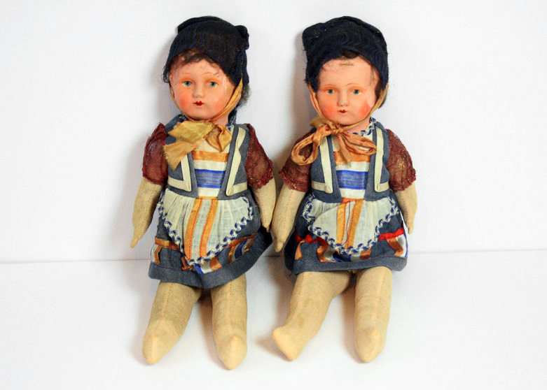 Antique Paper Mache and Cloth Dolls with Straw Bodies