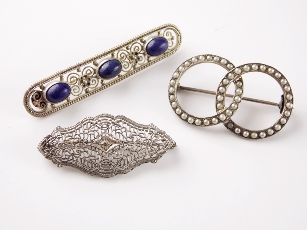 Vintage Pins with Stones and Seed Pearls and a Carnelian Bracelet