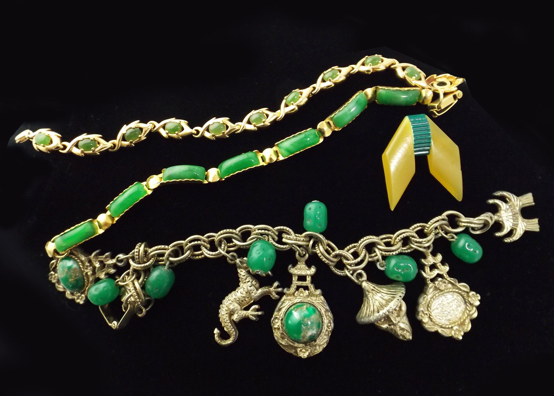 Vintage Link Charm Bracelets and Art Deco Bakelite Pin