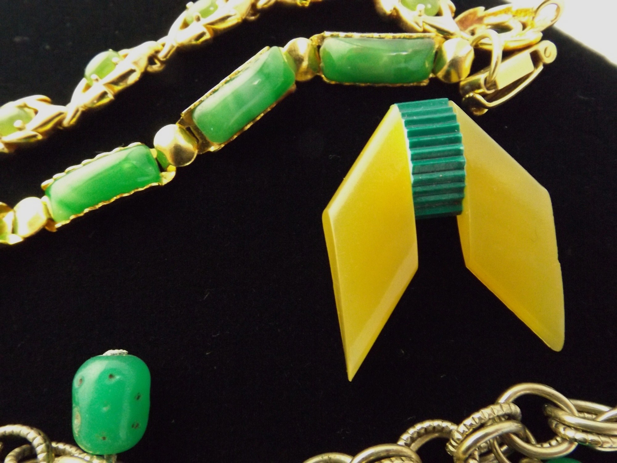 Vintage Link Charm Bracelets and Art Deco Bakelite Pin