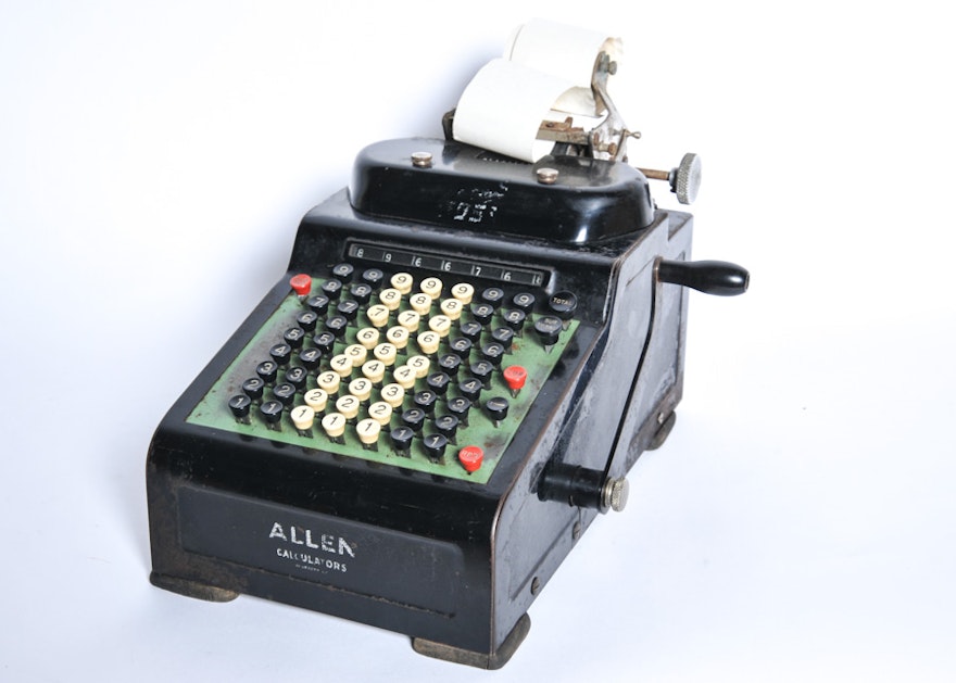 Vintage Allen Calculator Adding Machine with Hand Crank