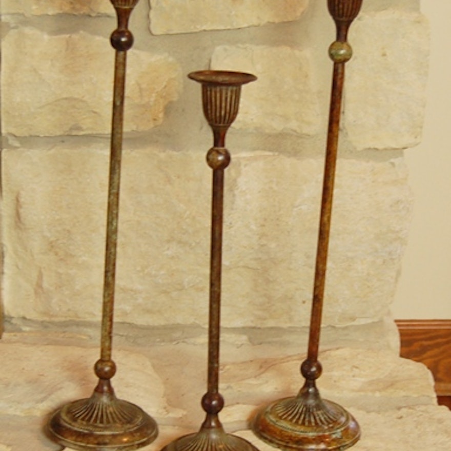 Three Bronze Tone Candlesticks