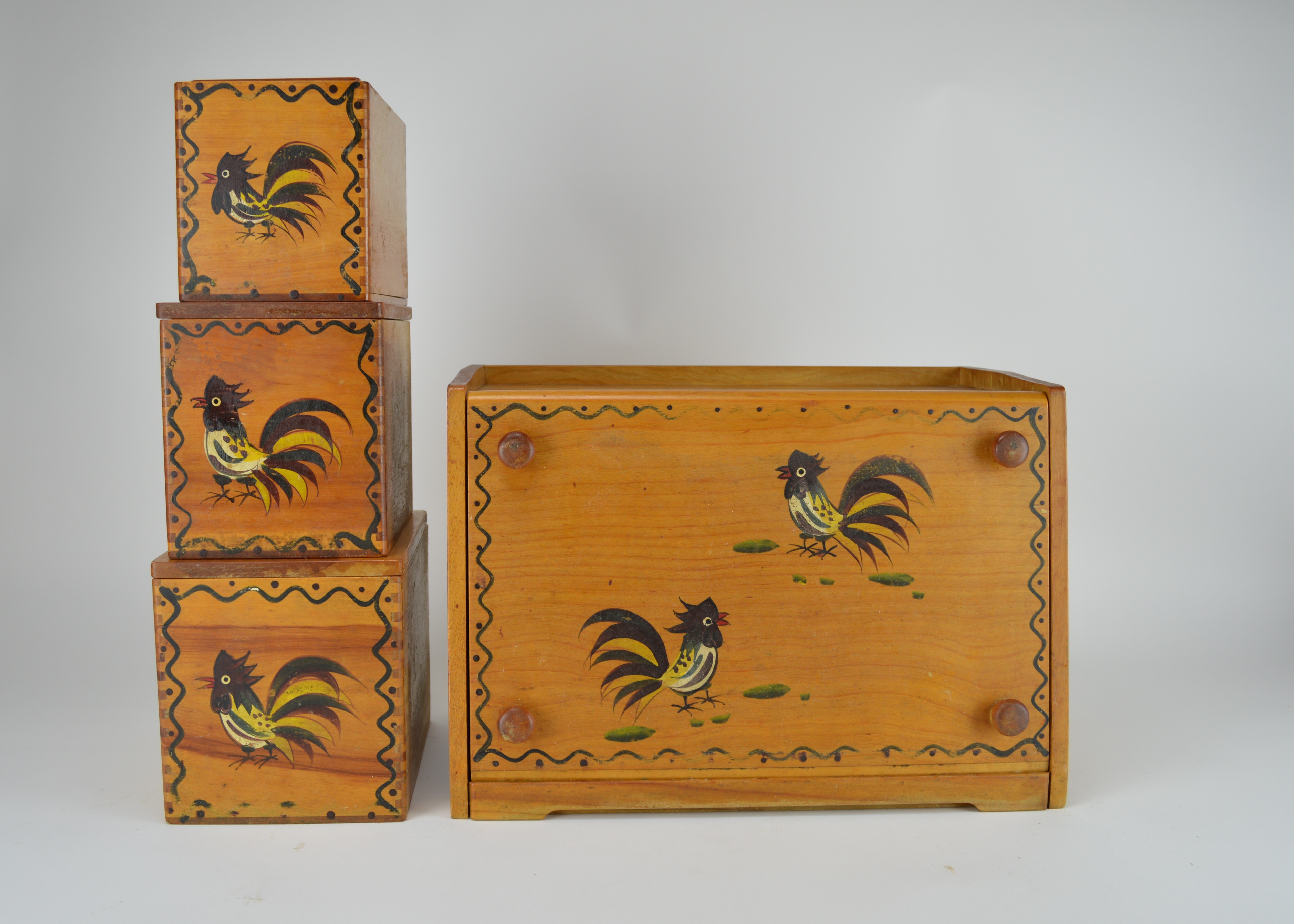 Rooster Themed Wood 'Woodpecker Ware' Canisters and Bread Box