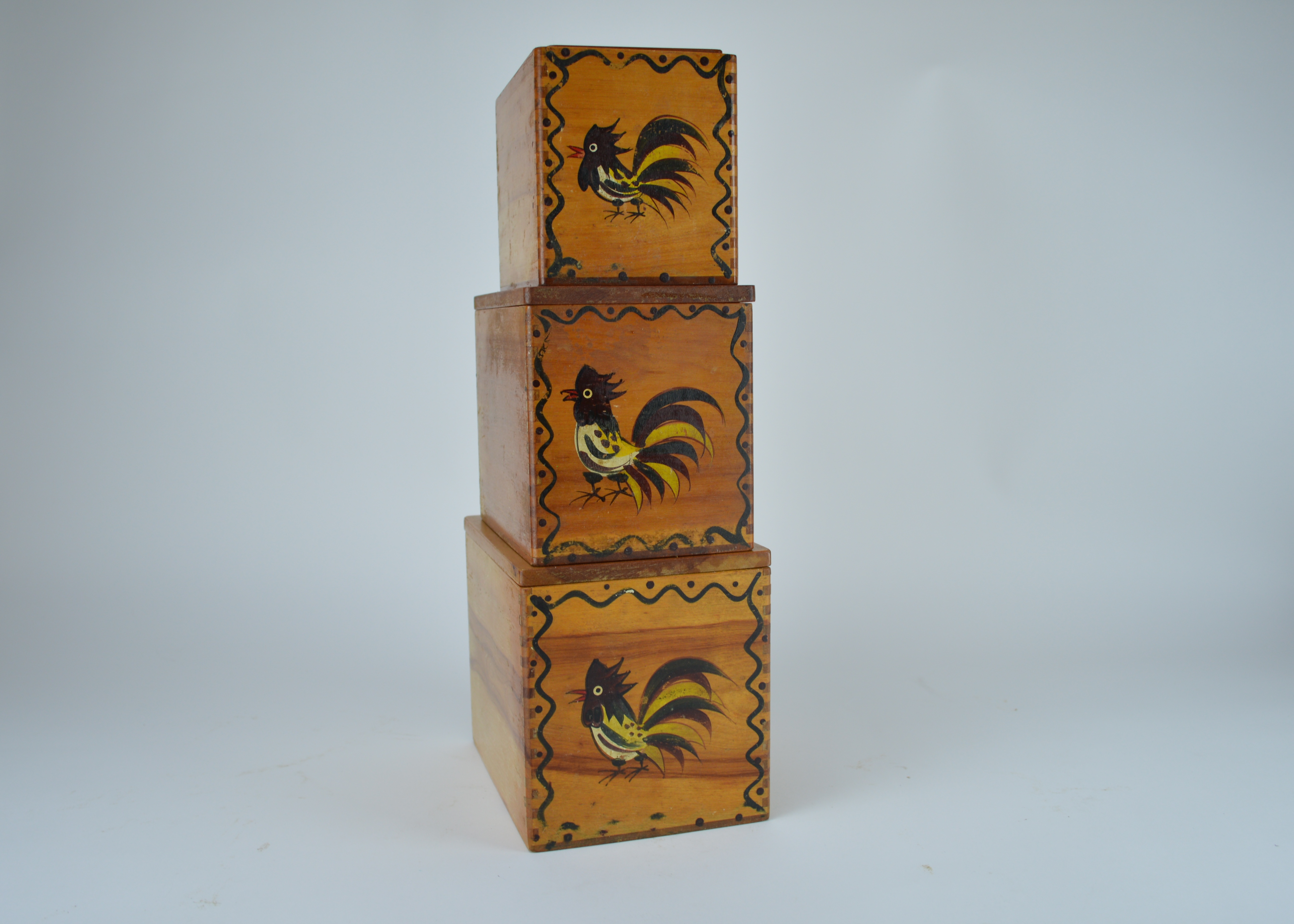 Rooster Themed Wood 'Woodpecker Ware' Canisters and Bread Box