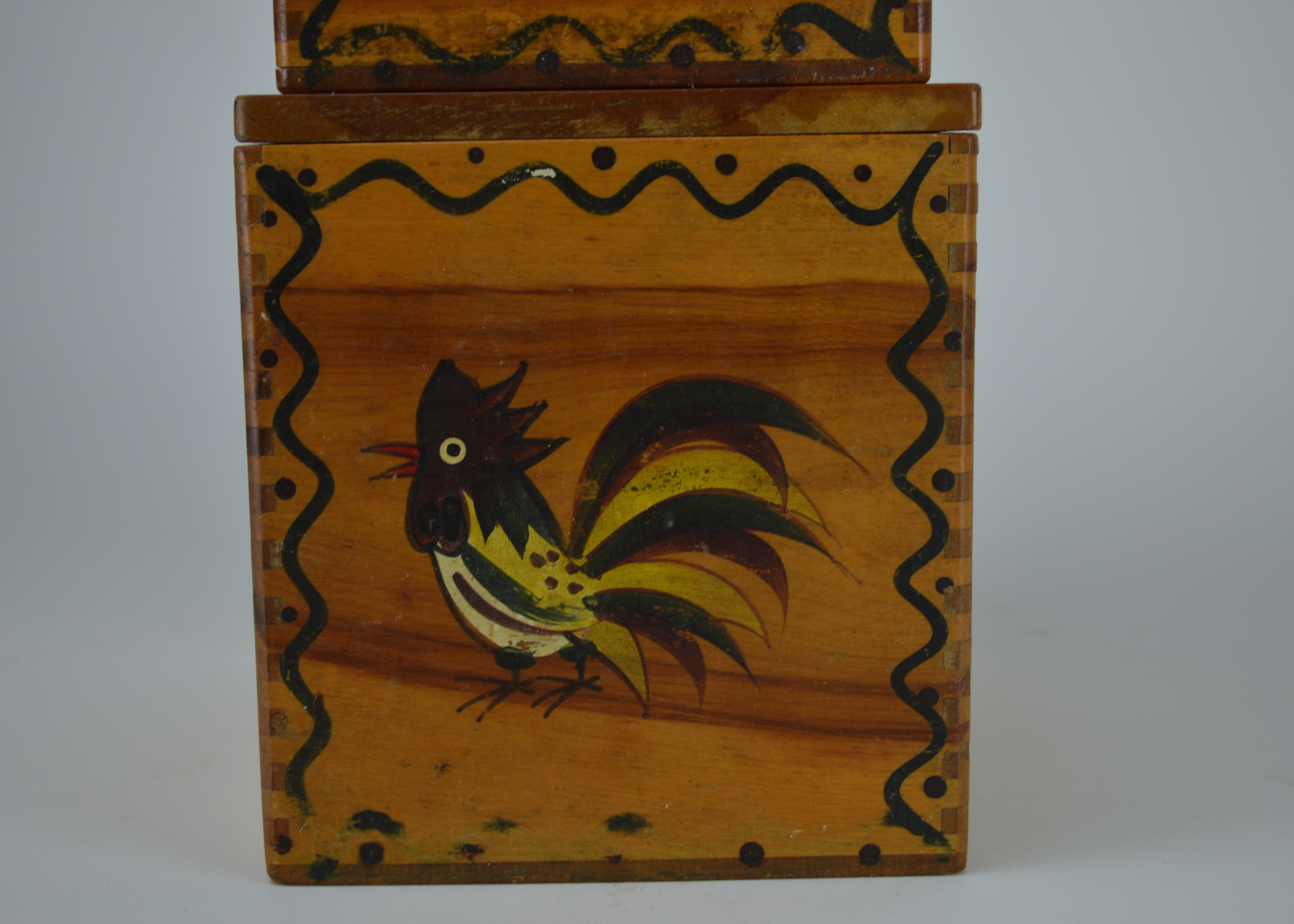 Rooster Themed Wood 'Woodpecker Ware' Canisters and Bread Box