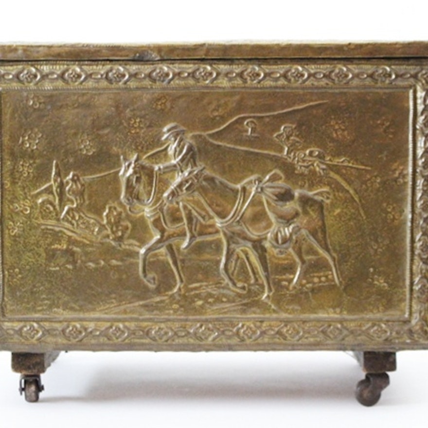 Antique English Brass Repousse Trunk on Casters Circa 1890