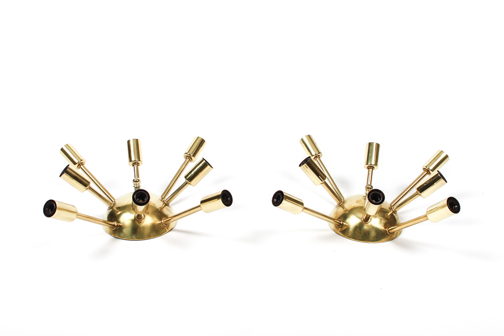 Pair of Vintage Brass Sputnik Semi-Flush Mount Light Fixtures