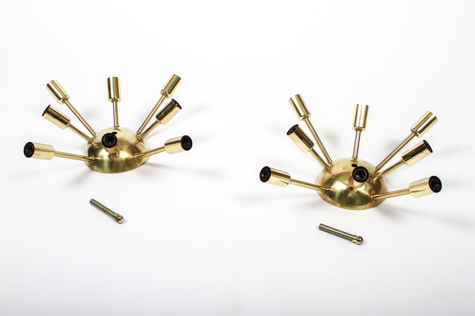 Pair of Vintage Brass Sputnik Semi-Flush Mount Light Fixtures