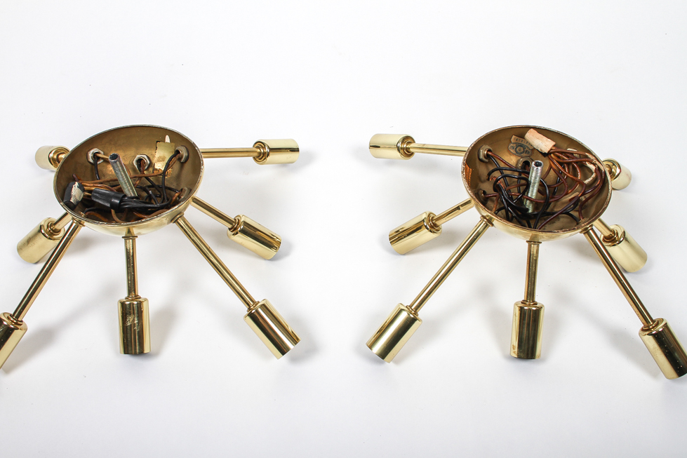 Pair of Vintage Brass Sputnik Semi-Flush Mount Light Fixtures