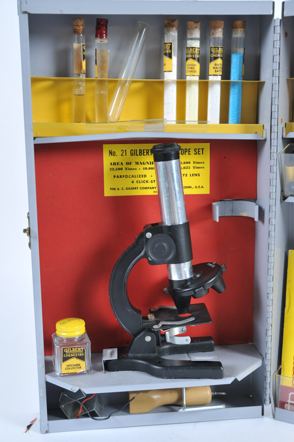Vintage Gilbert No. 21 Microscope/Chemistry Set in Steel Cabinet