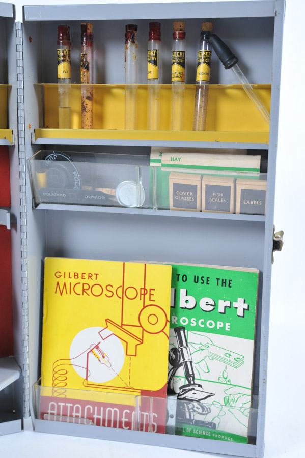 Vintage Gilbert No. 21 Microscope/Chemistry Set in Steel Cabinet