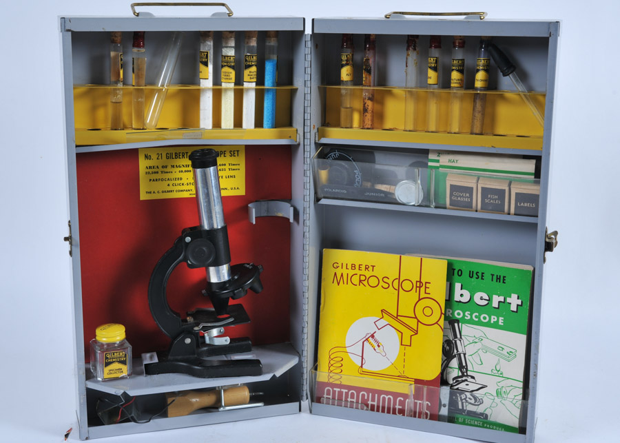 Vintage Gilbert No. 21 Microscope/Chemistry Set in Steel Cabinet