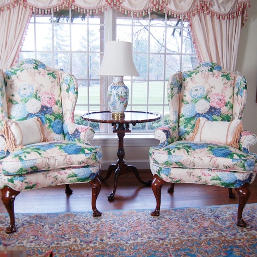 Pair of Floral Polished Cotton Wingback Chairs