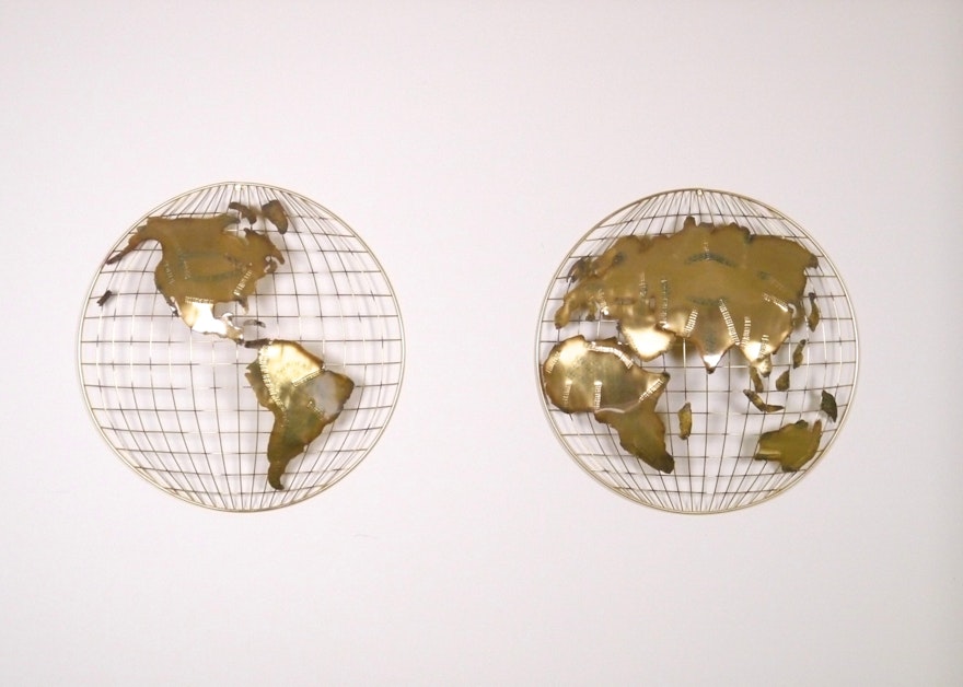Pair of Gold Tone World Globe Metal Wall Art