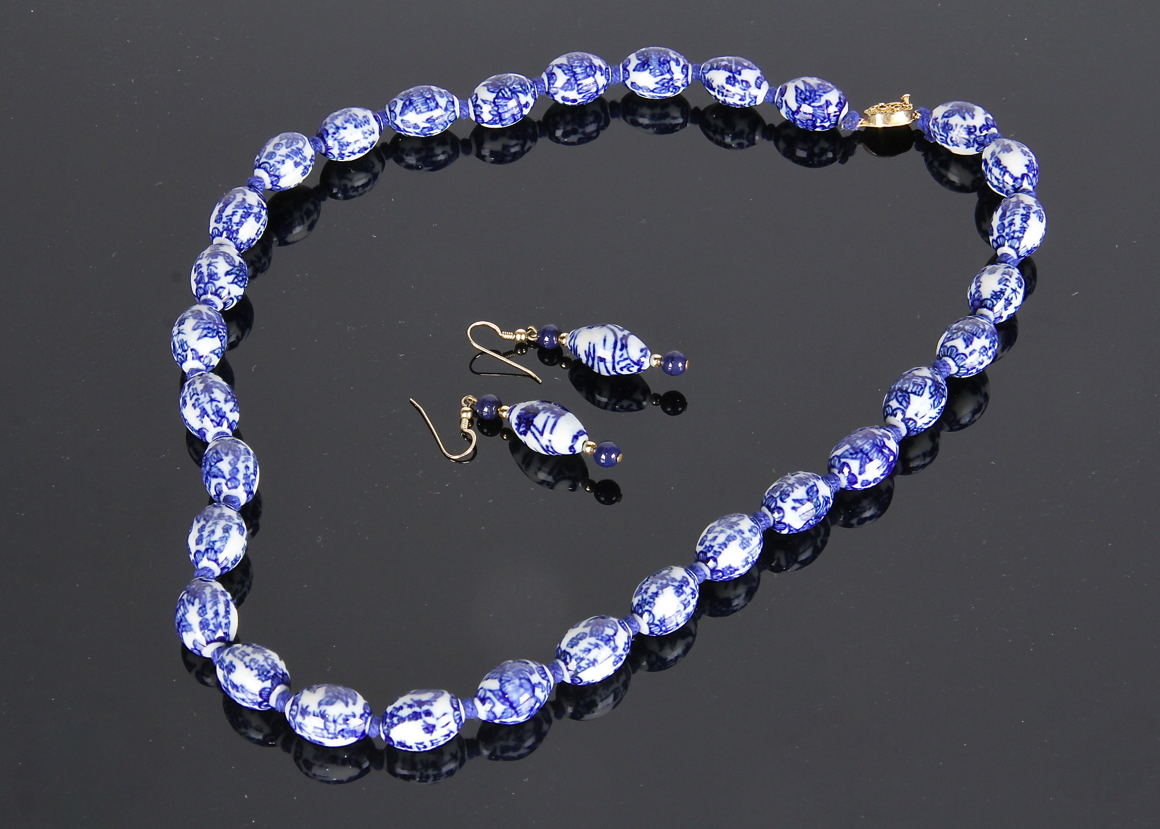 Blue and White China Bead Necklace and Earring Set