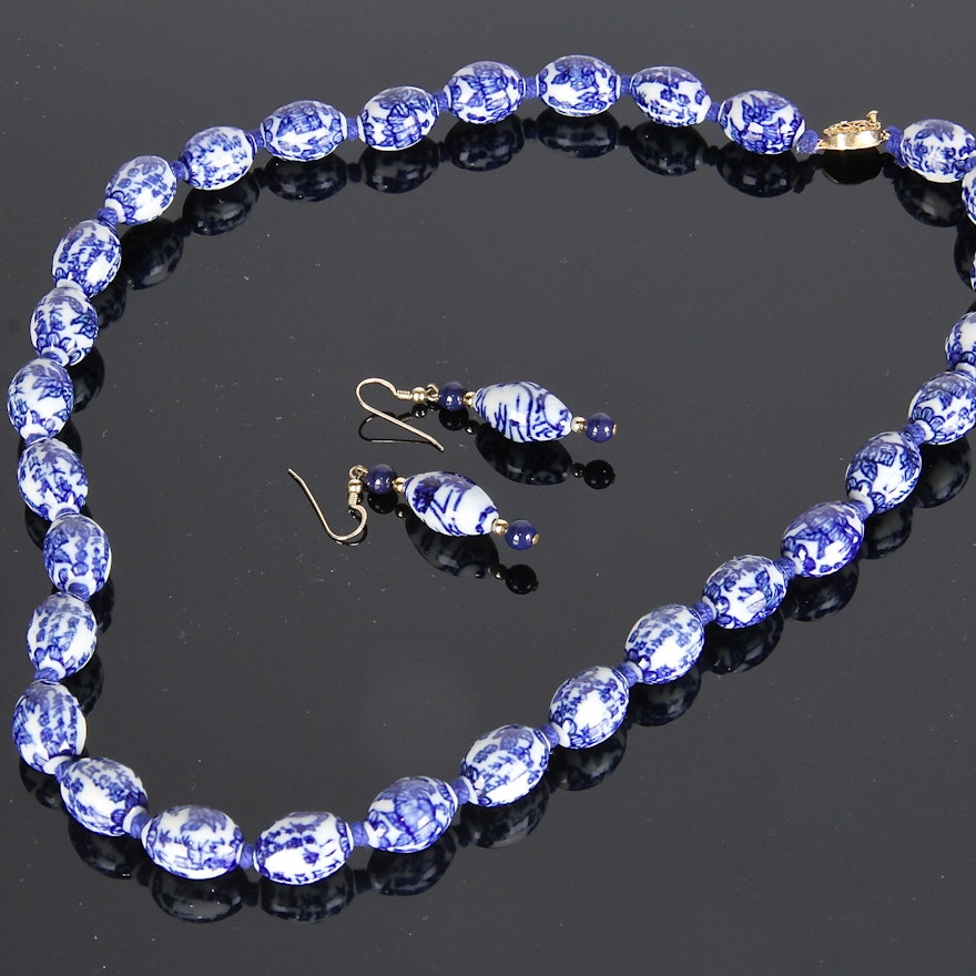 Blue and White China Bead Necklace and Earring Set