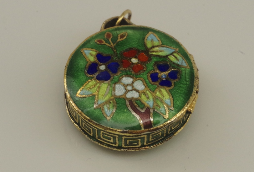 Vintage Cloisonne Miniature Box, Pin and Seven-Planet Earrings