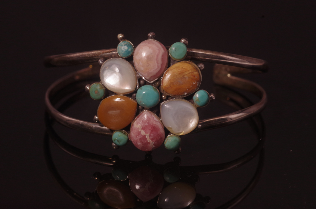 Beautiful Sterling Silver Cuff Bracelet with Gemstone Floret
