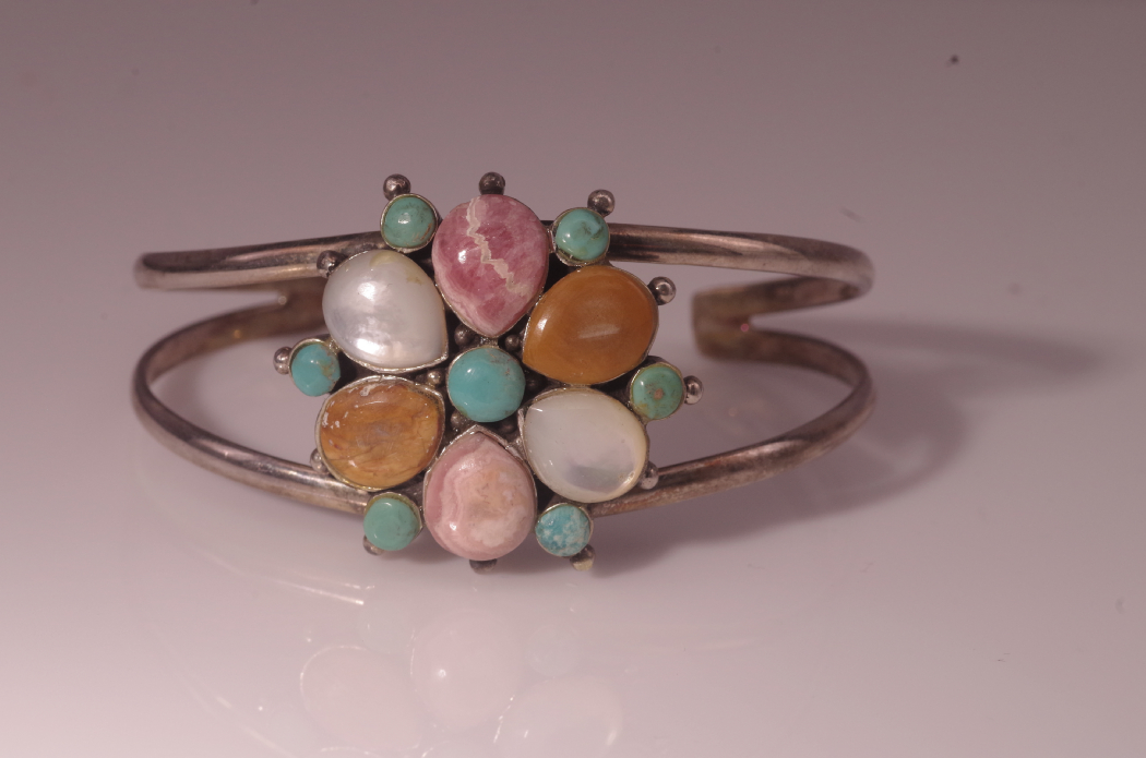 Beautiful Sterling Silver Cuff Bracelet with Gemstone Floret