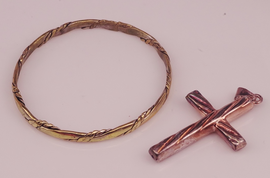 Sterling Silver Cross and Handmade Gold Washed Sterling Bracelet