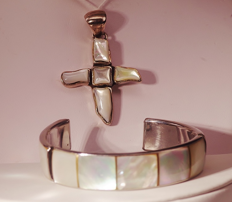 Sterling Silver Cross and Bracelet with Inset Mother of Pearl