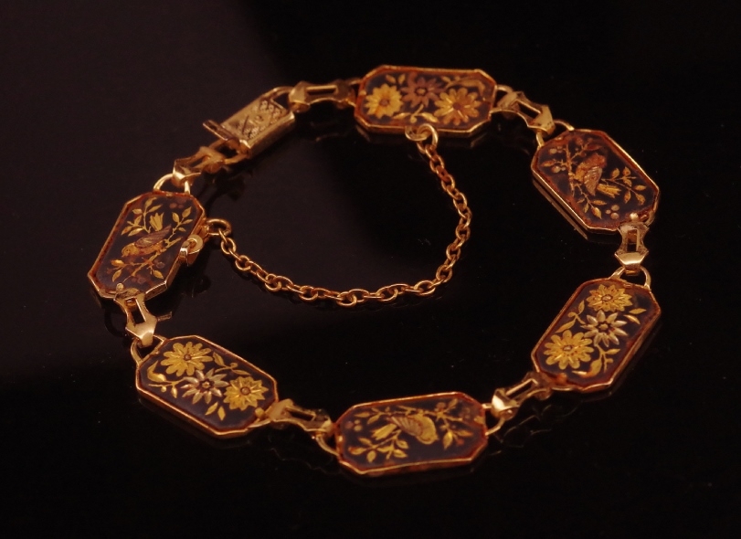 Vintage Damascene Bird and Flower Bracelet