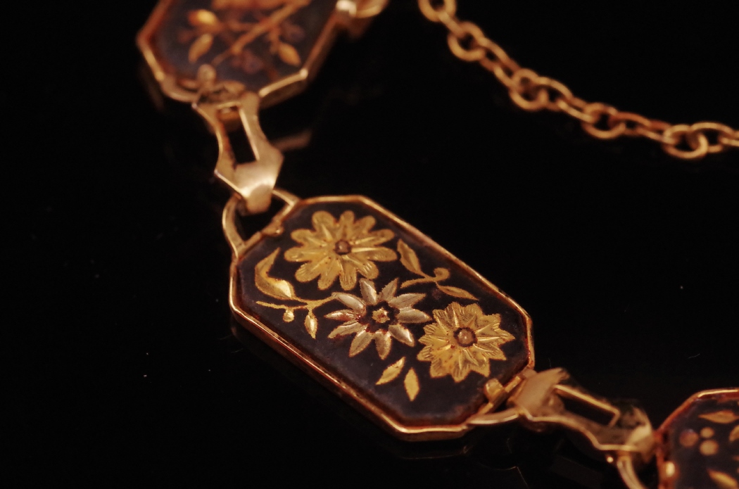 Vintage Damascene Bird and Flower Bracelet