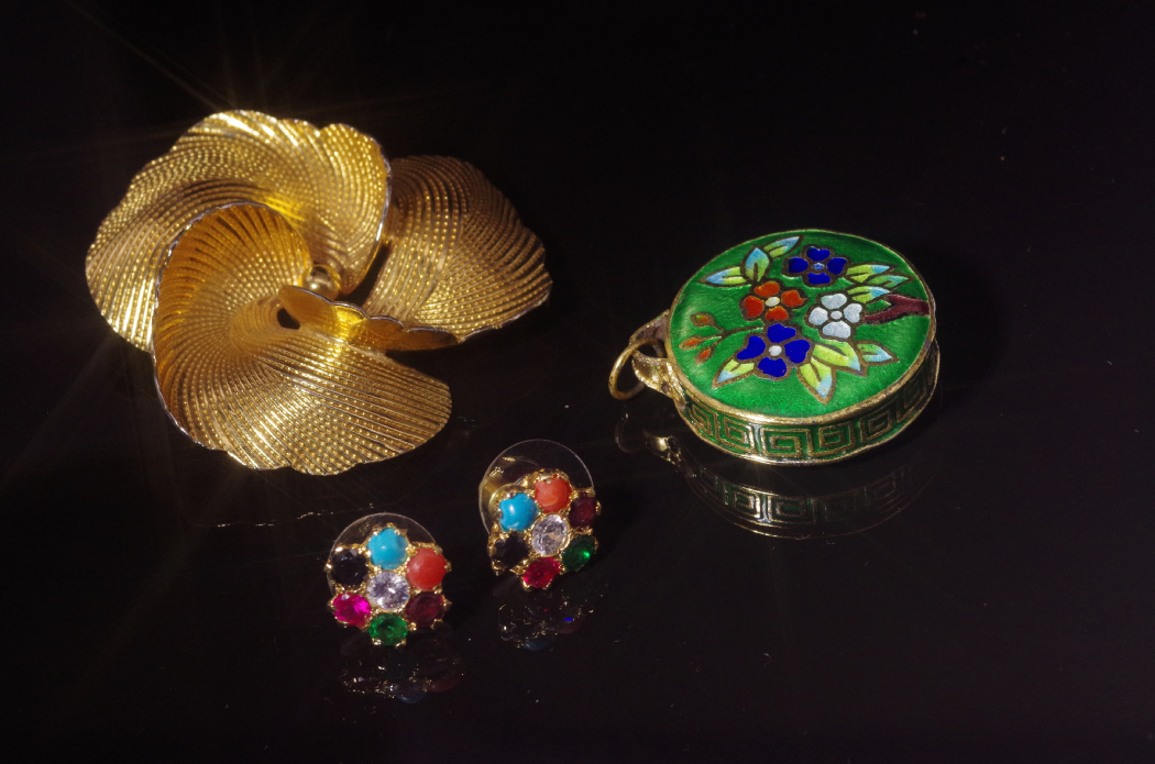 Vintage Cloisonne Miniature Box, Pin and Seven-Planet Earrings