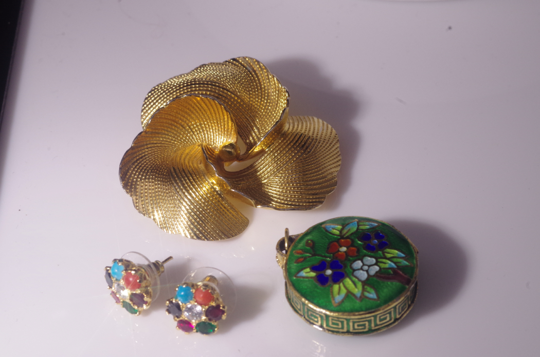 Vintage Cloisonne Miniature Box, Pin and Seven-Planet Earrings