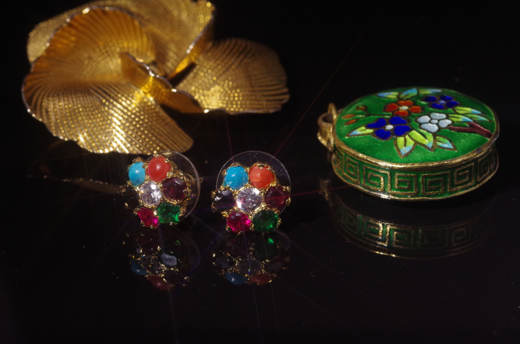 Vintage Cloisonne Miniature Box, Pin and Seven-Planet Earrings