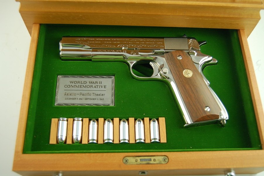 1911 Colt .45 WWII Commemorative Pistol in a Bamboo Like Case