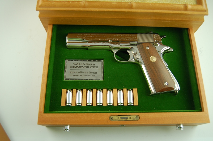 1911 Colt .45 WWII Commemorative Pistol in a Bamboo Like Case