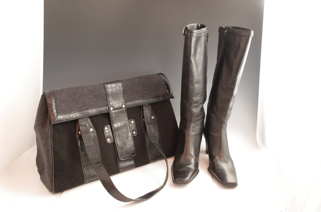 Michelle D Black Leather Boots and Coordinating Briefcase Purse