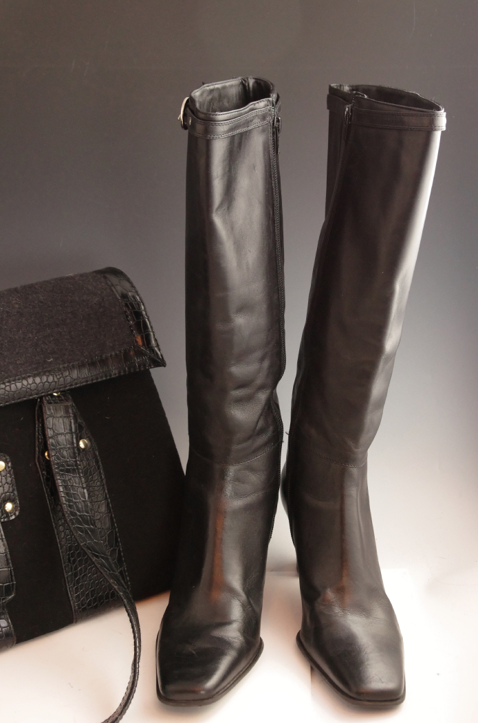 Michelle D Black Leather Boots and Coordinating Briefcase Purse