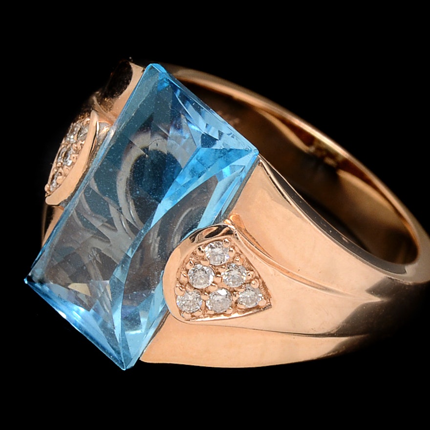 Unique 14 K Pink Gold Blue Topaz and Diamond Ring