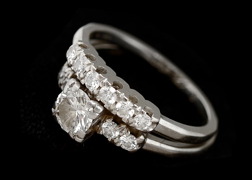 1950s Vintage 14 K White Gold and Diamond Wedding Ring Set